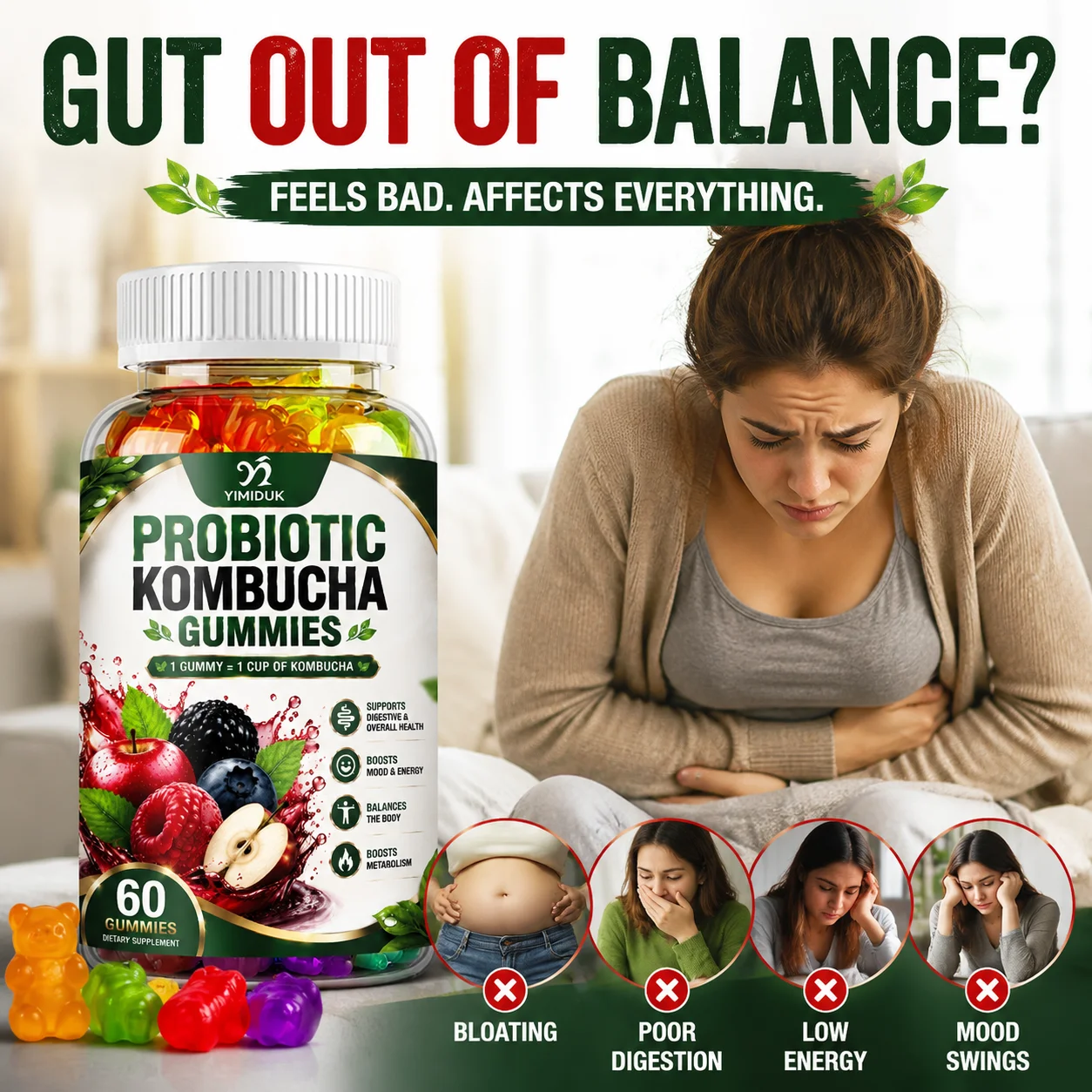Probiotic Kombucha Gummies, for Bloating, Digestive Comfort, Support Gut Health, with Prebiotics, Probiotics, Slippery Elm