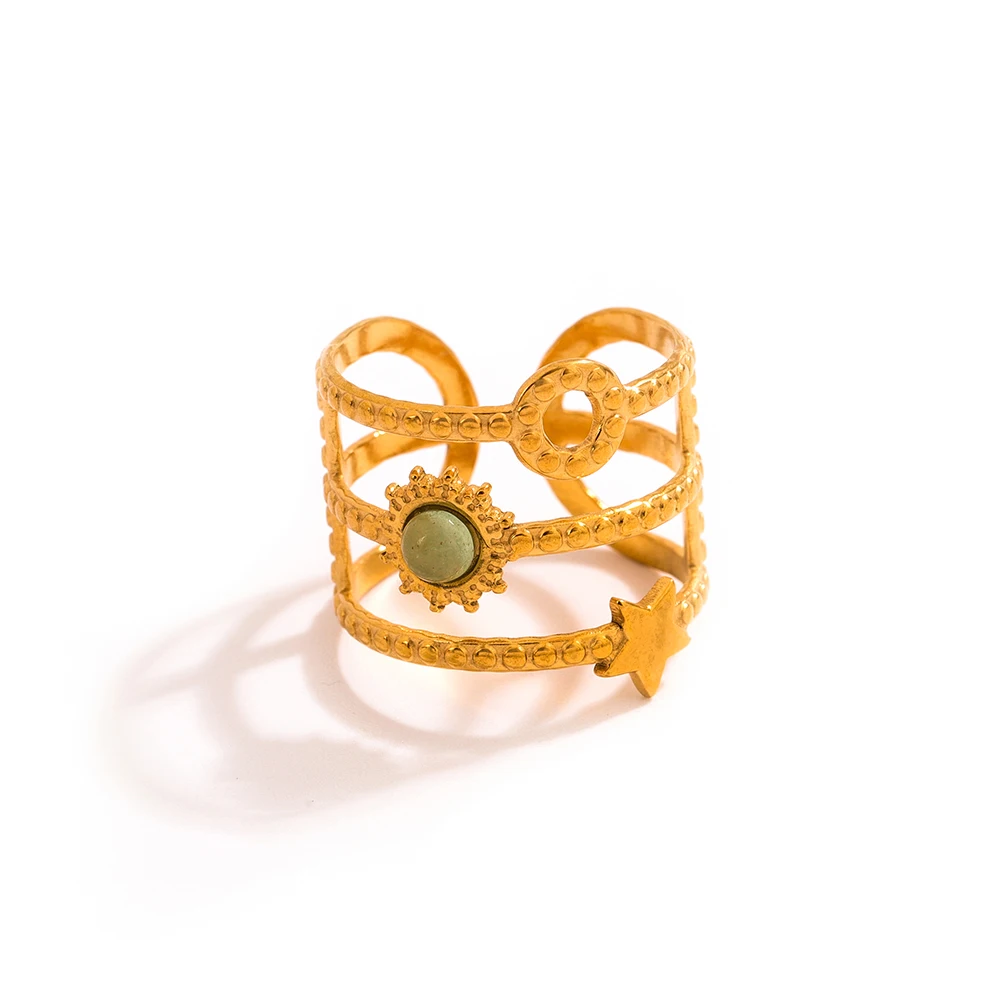 الحجر الطبيعي 18K الفولاذ المقاوم للصدأ الجمشت الحجر الأحمر الأخضر اليشم حجر عين النمر الأزرق الحجر الرملي الكريستال على شكل نجمة حلقة مفتوحة