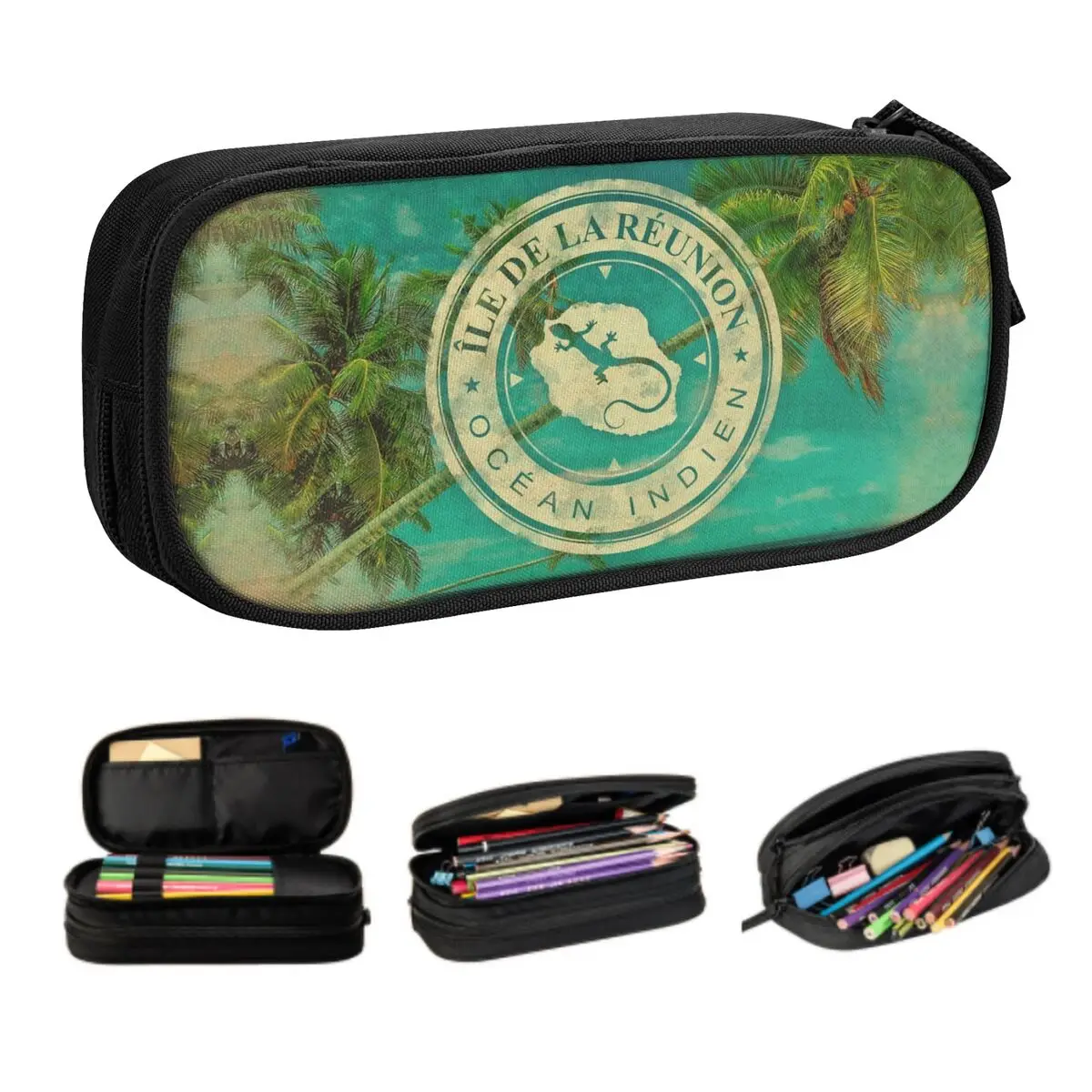 Custom Cute Ile De La Reunion 974 Pencil Case for Girls Boys Large Capacity Indian Ocean Beach Pencil Pouch Stationery