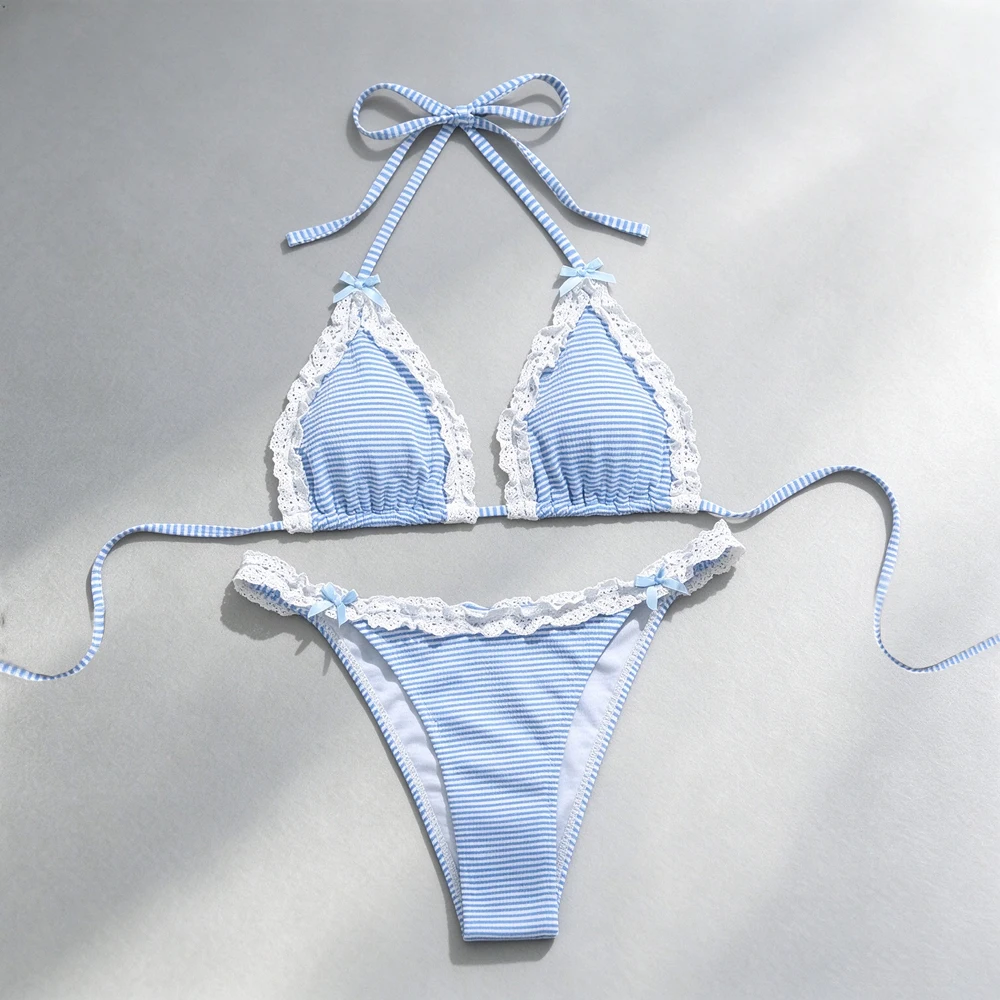 Women Striped Blue Bikini Set 2 Piece Push Up Halter Contrast Swimsuit Micro Brazil Cute Bow Frill Beach Bathing Suit Swimwear