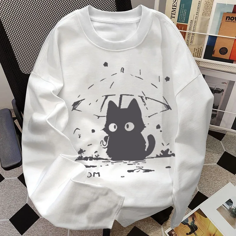 

ZAZOMDE 2025 Man Unisex Cartoon Cat Design Long Sleeve Cotton Tee Heavyweight Loose Fit Minimalist Urban Fashion Essential