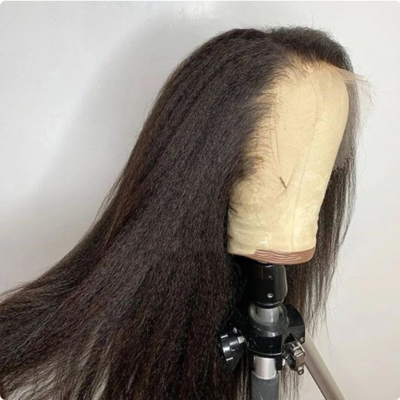 Soft Glueless 28Inch 180Density Natural Black Yaki Kinky Straight Lace Front Wigs For Women BabyHair Preplucked Daily Wig