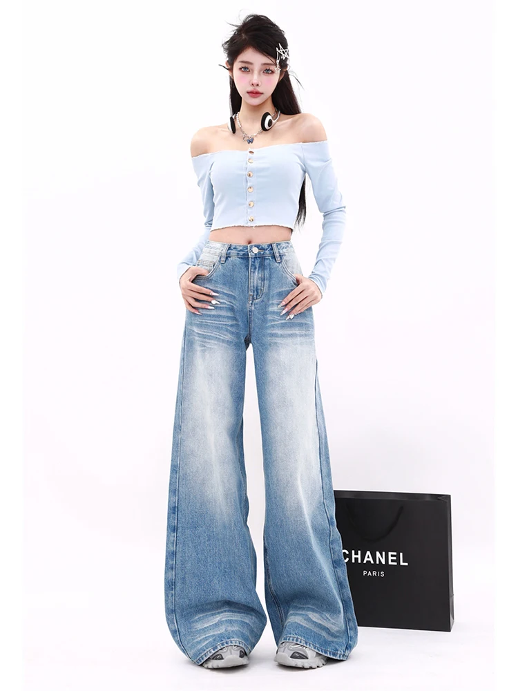 WCFCX STUDIO American Retro High Waist Oversized Jeans Women\'s Casual Baggy Washed Jeans Y2K Fashion Wide Leg Denim Trousers