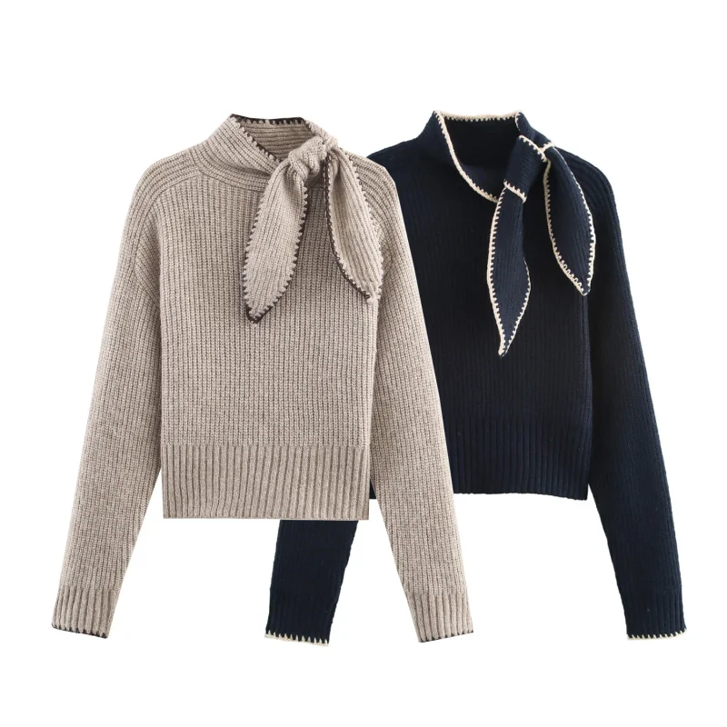 

2026 Winter New Women's Casual Sweet Fashion Loose Long-Sleeved Stand Collar Bow-Embellished Knit Sweater