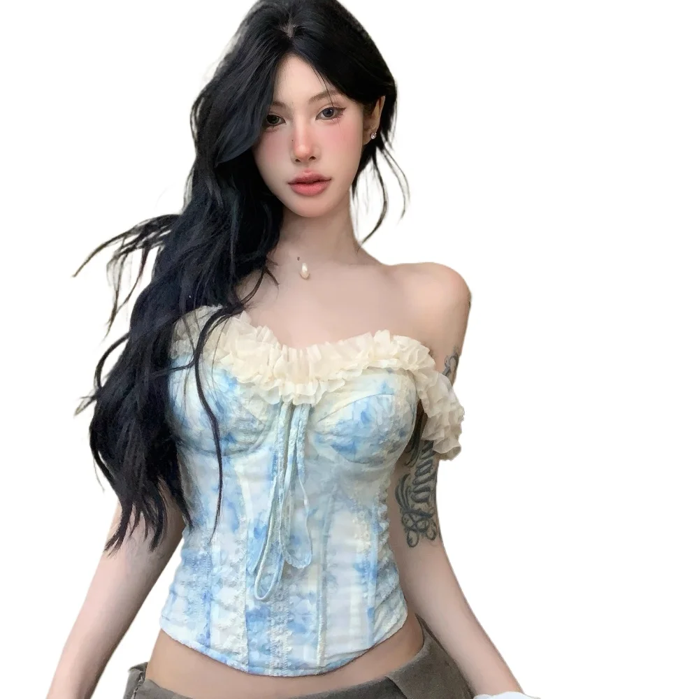 High Quality Hot Selling Wholesale High-end Camisole Vest Women 2025 Romantic Splicing Fishbone Corset Blue Strapless Top Y2k