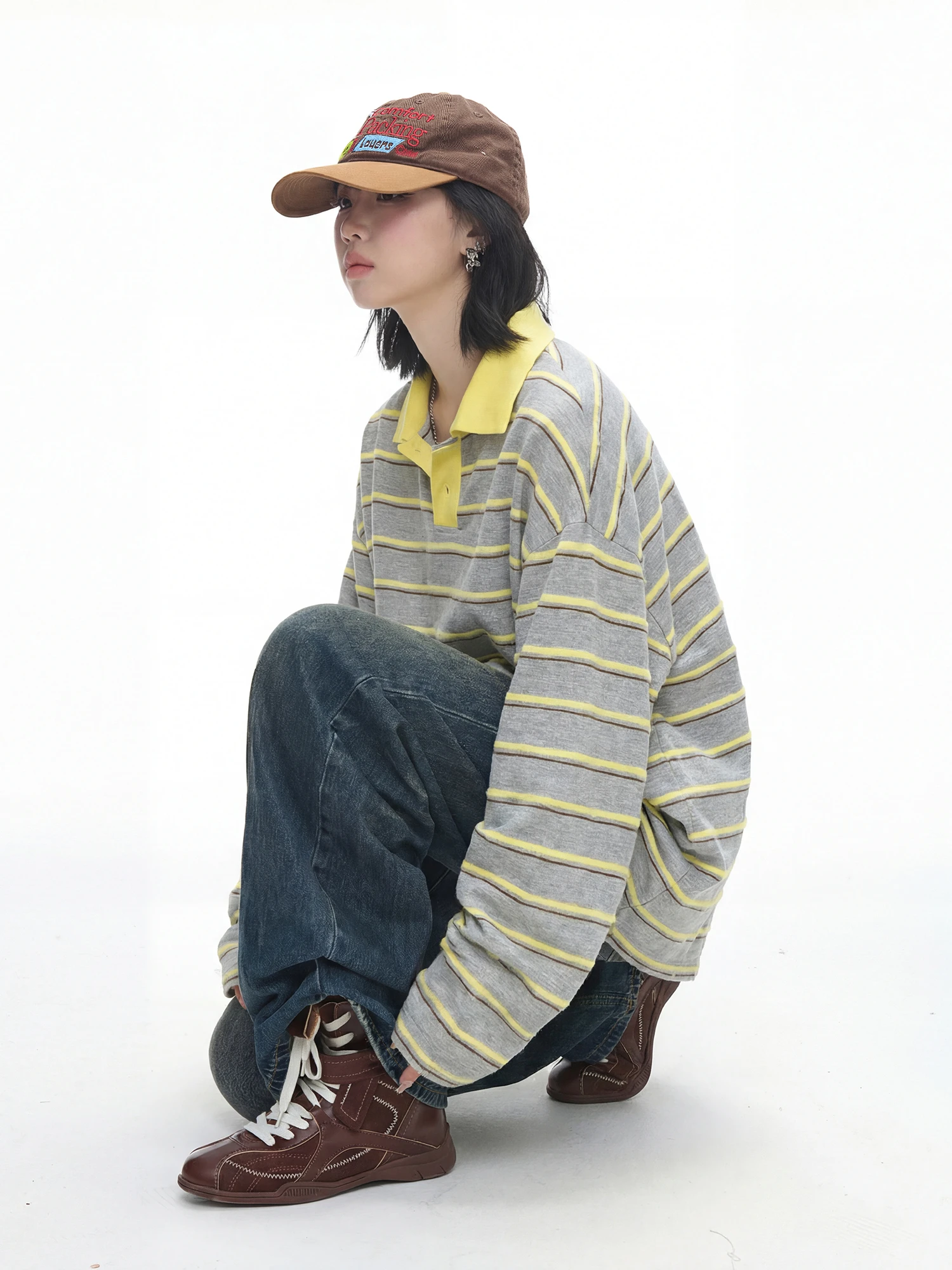 

Loose Women's Long Sve V-Ne T-irt American Retro Striped Spring Summer New Lazy Sle Overhead Collar Smo Top