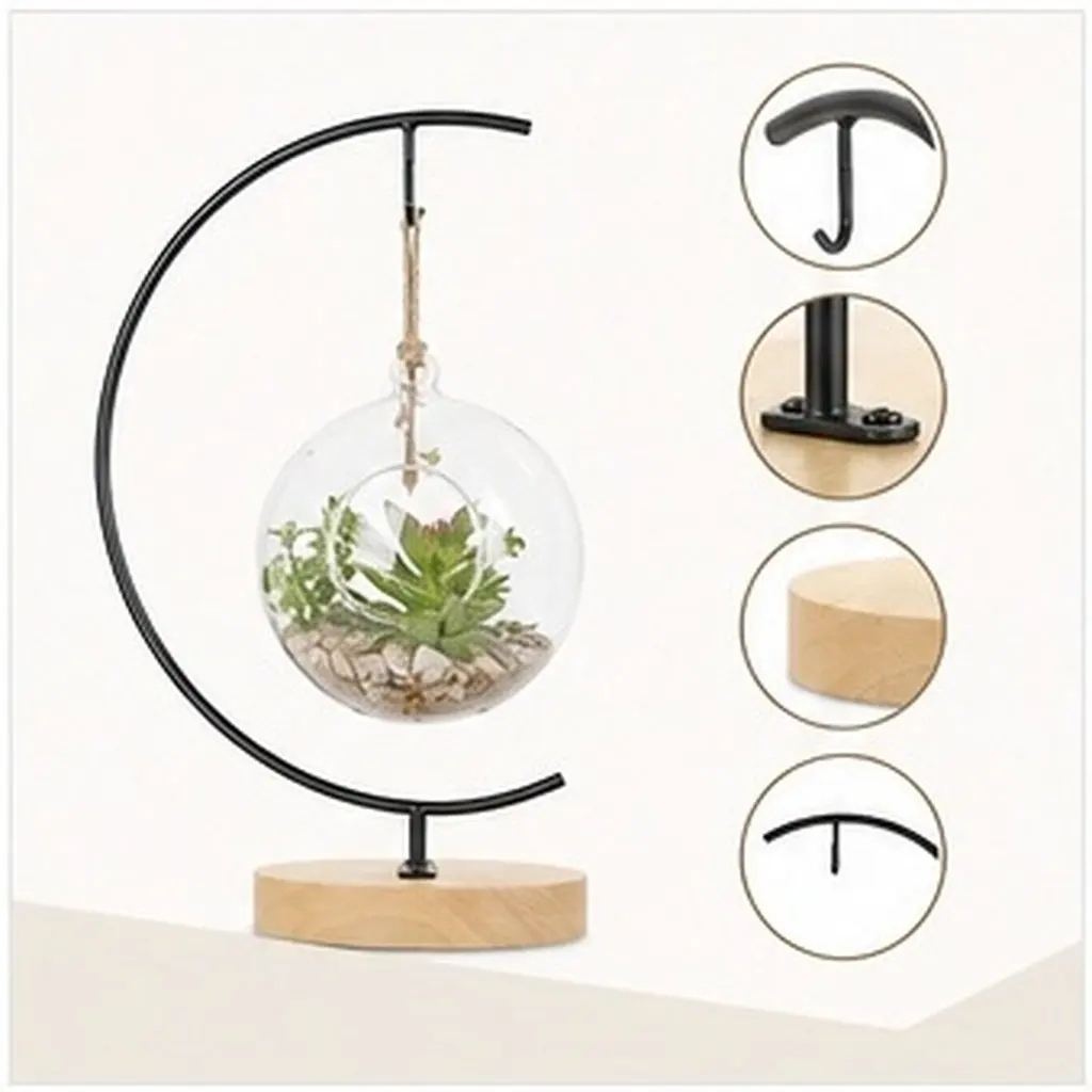 Creative Iron Hanging Stand Desktop Display Holder with Wooden Base Stable Support for Glass Globe Terrarium Plant Flowerpot