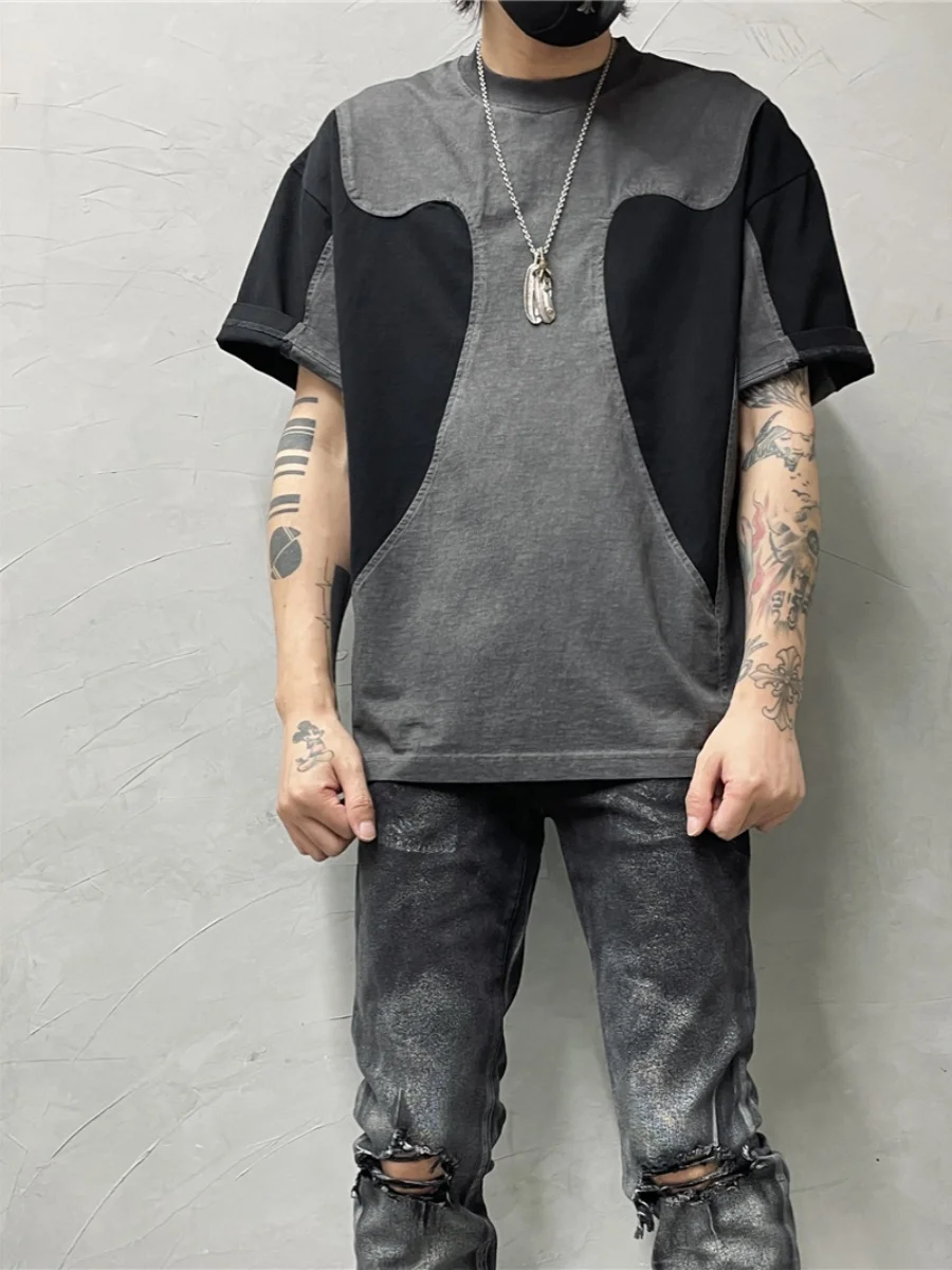 

Design Sense Worn Looking Washed-out Stitching Contrast Color Short Sleeve Fashion Trendy Loose T-shirt Men's Retro Casual