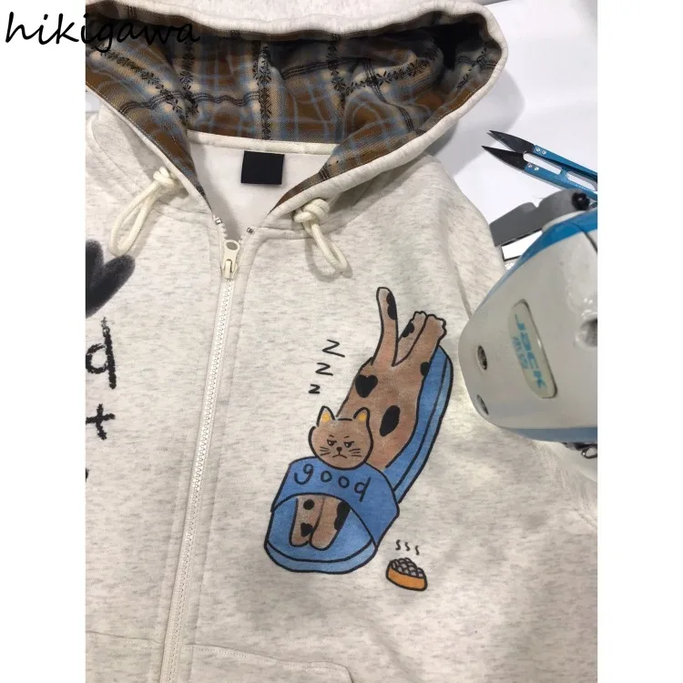 Japanese Sweatshirts for Women Streetwear Thicked Cat Print Jackets Y2k Tops Casual Fashion Hooded Zipper Hoodie 2024 Ropa Mujer