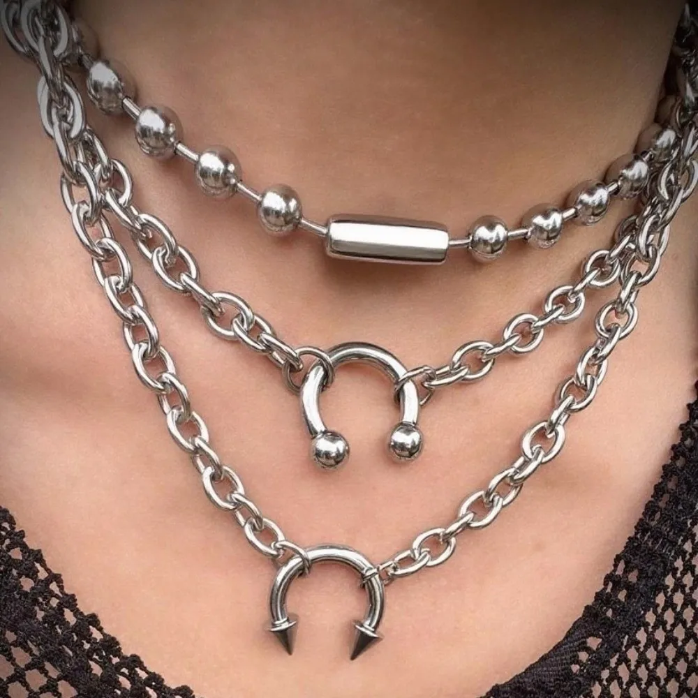 Punk Style Nose Clip Pendant Necklace Geometric Rivet Chunky Chain Choker Gothic Thick Round Ring Spiked Hooves Necklace Jewelry