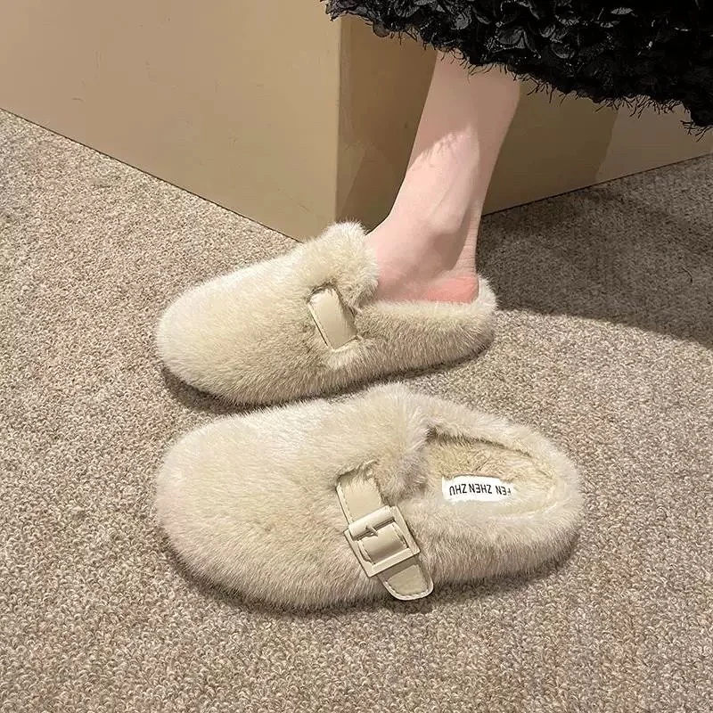 ฤดูหนาวใหม่ Baotou รองเท้าแตะผู้หญิงรอบหัวลึกปากเข็มขัด Soft Sole Anti-SLIP สวมใส่รองเท้าแบน