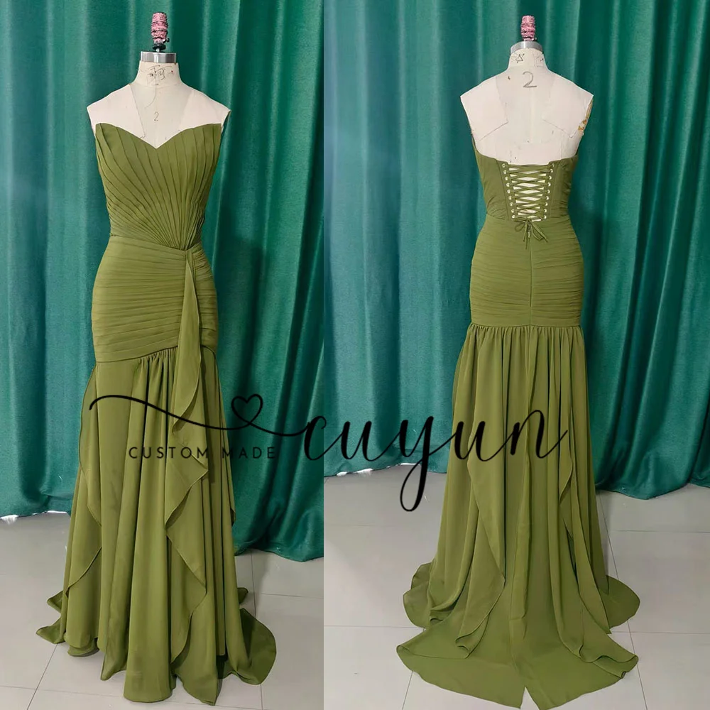 CUYUN Customize Olive Green Women Formal Evening Dresses A Line Pleated Strapless Chiffon Party Dress Banquet Long Prom Dress