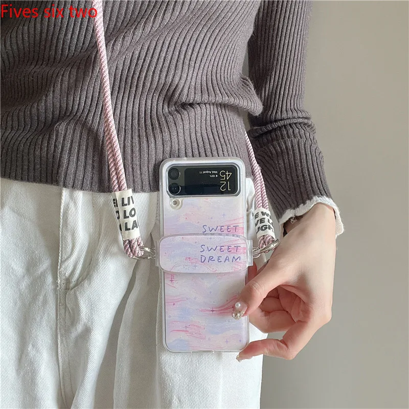 Luxury Colorful Crossbody Lanyard Cord Rope Strap Phone Cases For Samsung Z Flip 5 4 3 Case Glitter Hard Cover for Galaxy ZFlip5