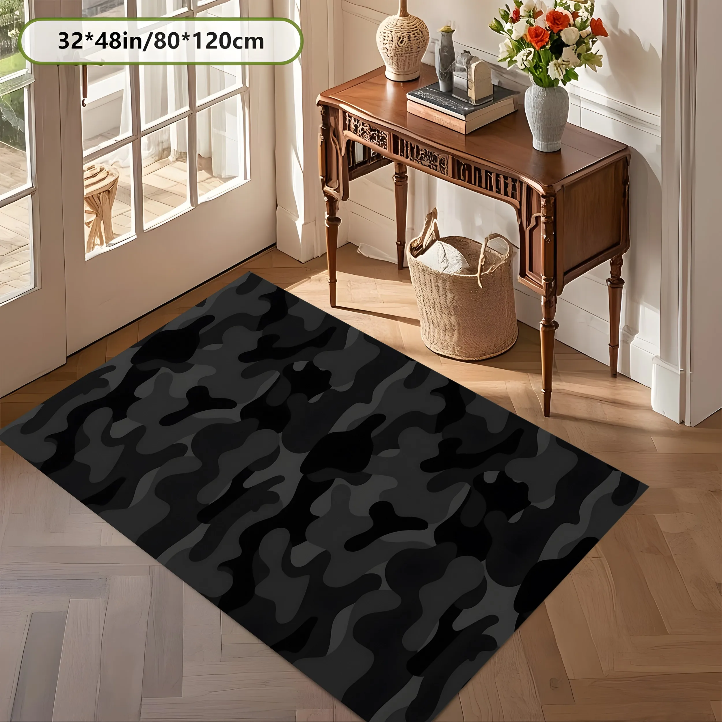 2D Carpet in Black and Gray Camouflage as a Trendy and Cool Choice for Living Room, Gaming Room, and Bedroom