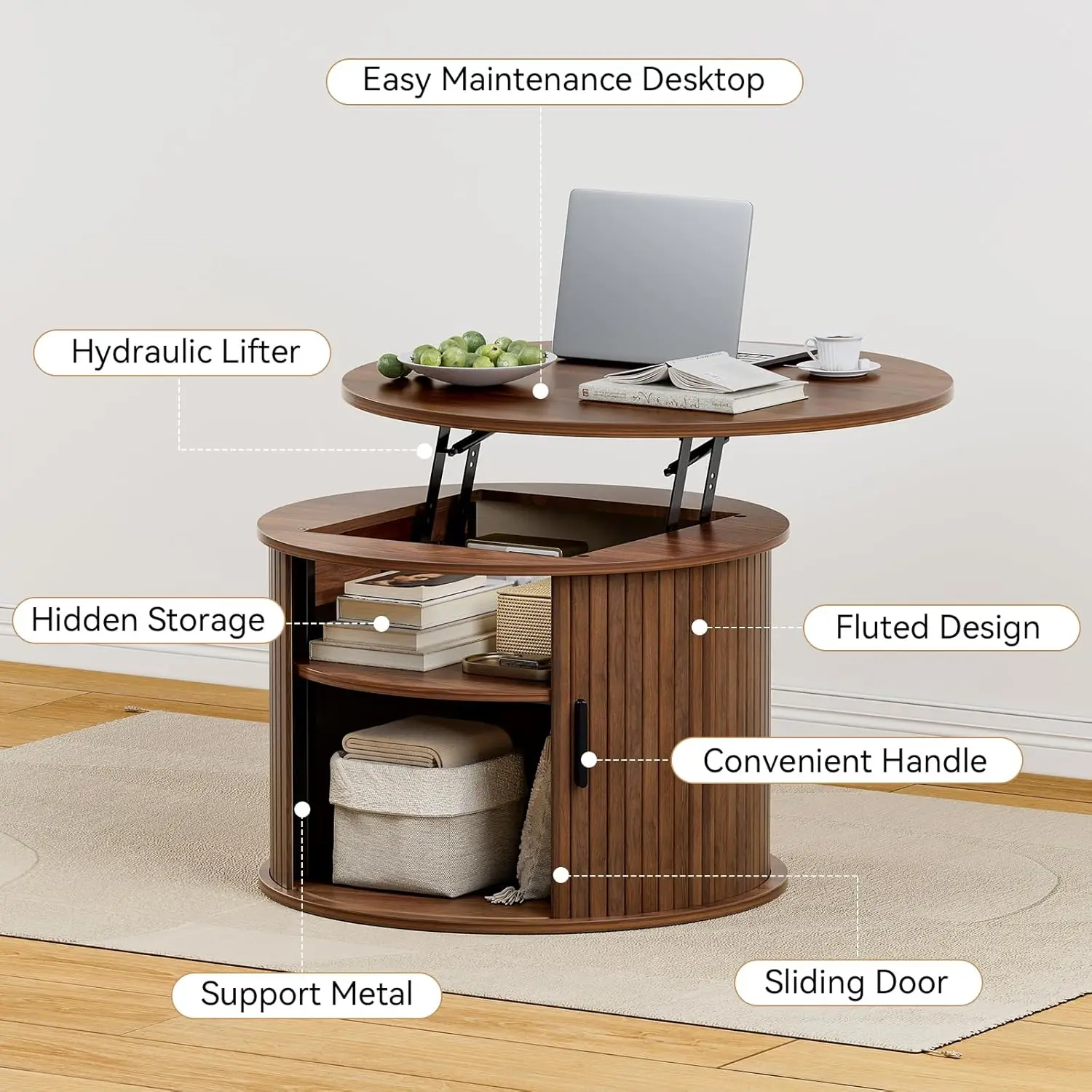 Round Lift Top Coffee Table, Fluted Wood Accent Coffee Table with Hidden Storage and Open Shelves, Drum Table with Sliding Rolli