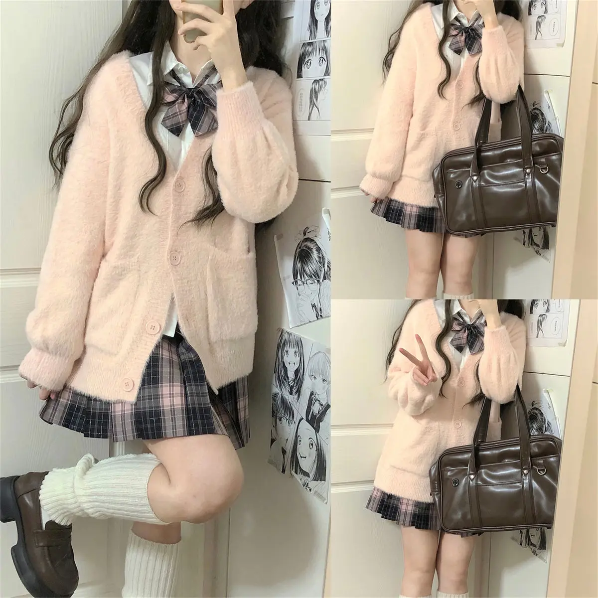 JK Cappotto cardigan maglione lavorato a maglia peloso Autunno Inverno Caldo top a maniche lunghe Gonna scozzese Abito uniforme Stile campus Gioco di ruolo carino