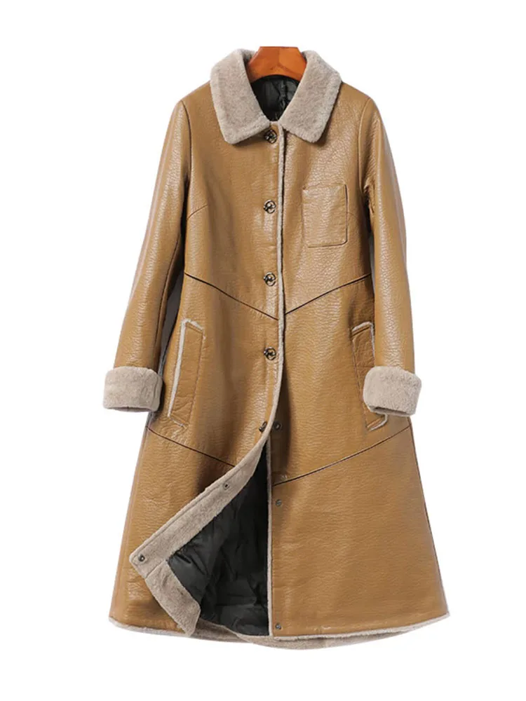 piumino da donna in pelle di pecora di fascia alta con colletto in lana stile lungo 2025 nuovo soprabito in vera pelle di piuma d'anatra bianca