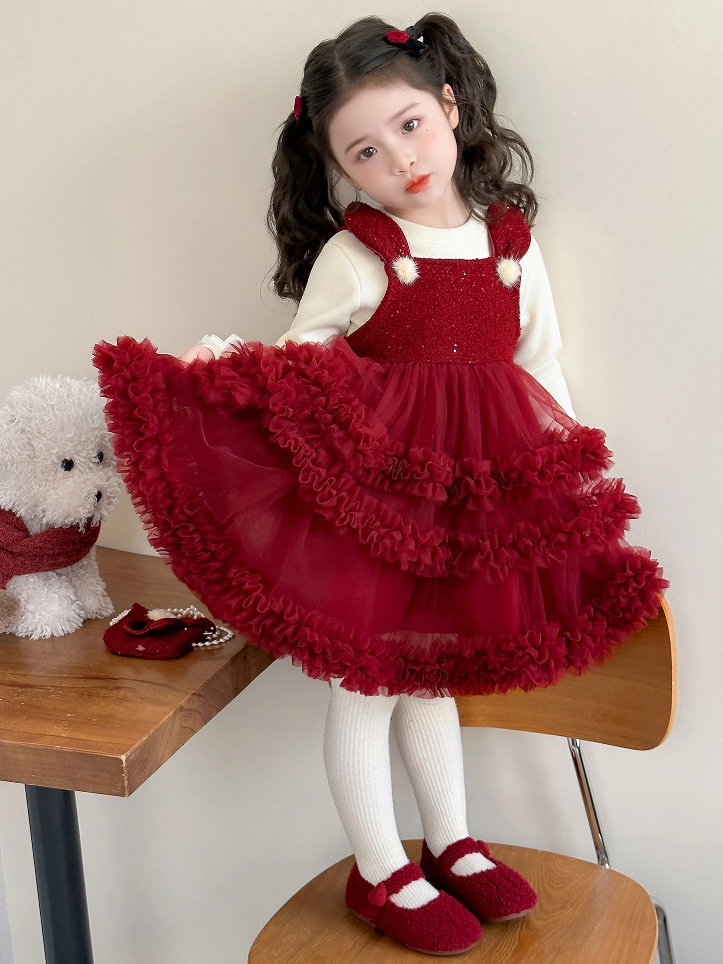 

Girls Fce Lined Rabbit Ear Princ Dr Set Net Skirt Top Warm Long Sve round Ne Sweater Sle Winter Faion Outfit