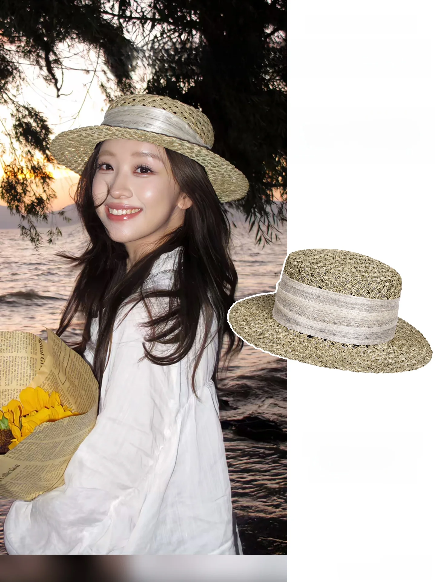 summer-women's-straw-hat-flat-top-hat-silk-fiber-wide-brim-sunshade-cap-breathable-comfortable-artistic-style-hat