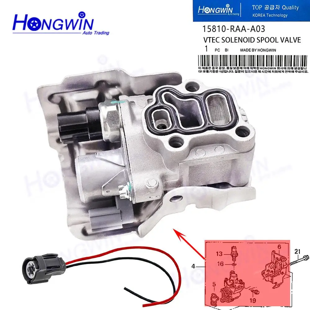 Válvula solenóide 15810-RAA-A01 VTEC, conector de fio e anel de vedação para Honda Civic 2.0L CR-V Element Accord 2.4L Acura RSX TSX