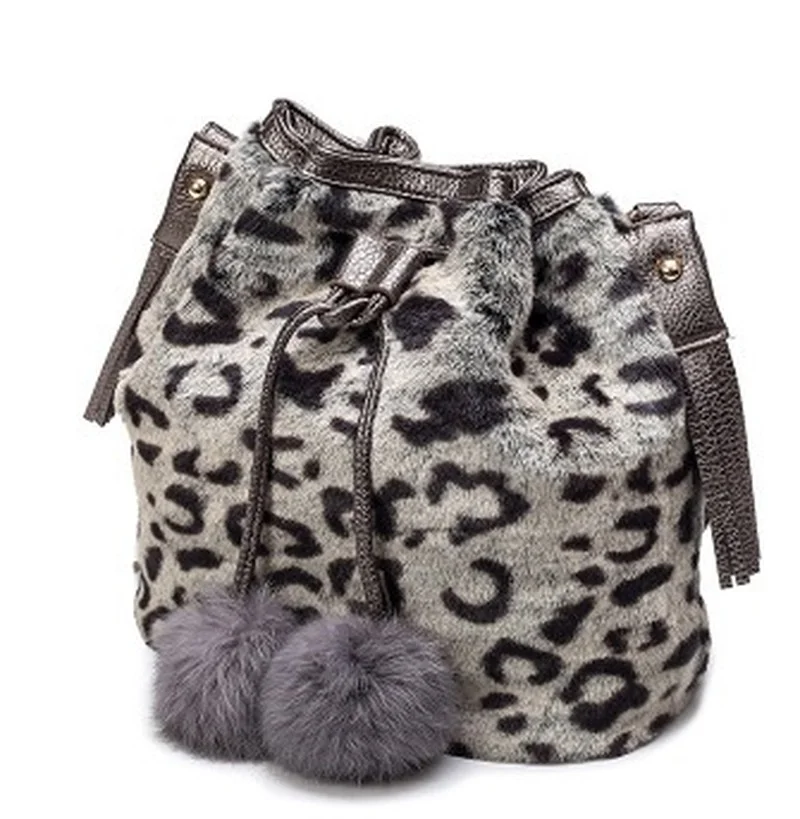 Rabbit Hair Women Bucket Bag Large Capacity Fashion Leopard Print Plush Bag Shoulder Diagonal Bucket Bag Wallet Women Mini Bag