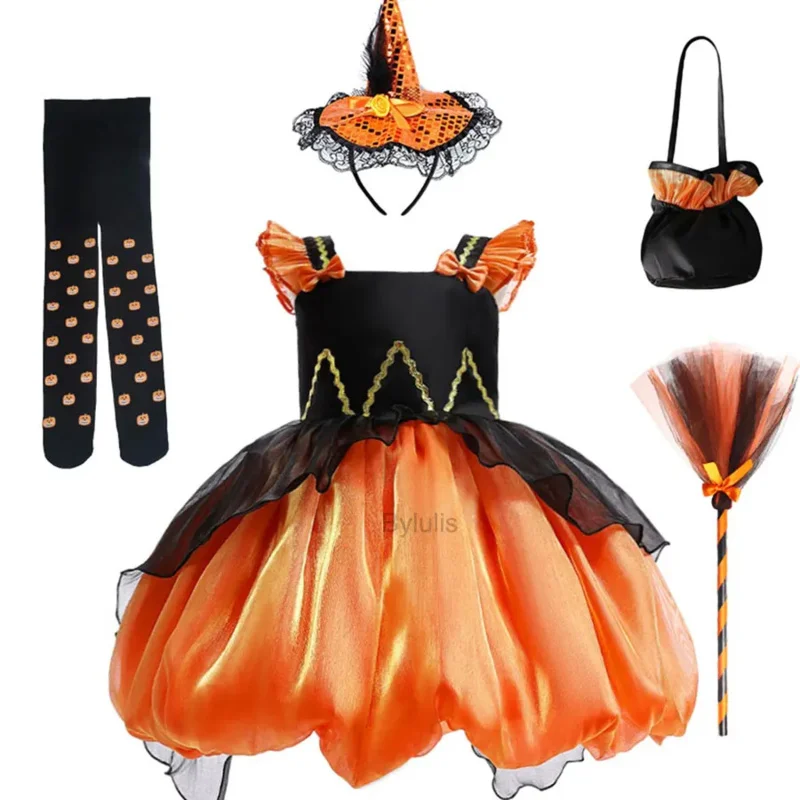여자를위한 마녀 할로윈 의상 어린이 공주 버블 슬리브 호박 메쉬 카니발 파티 드레스 변장 무서운 코스프레 어린이