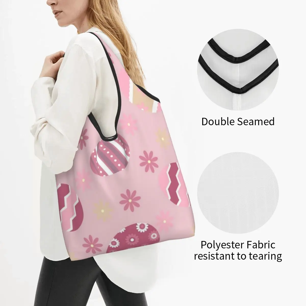 Reusable Happy Easter Eggs Grocery Bags Foldable Machine Washable Shopping Bag Large Eco Storage Bag Attached Pouch