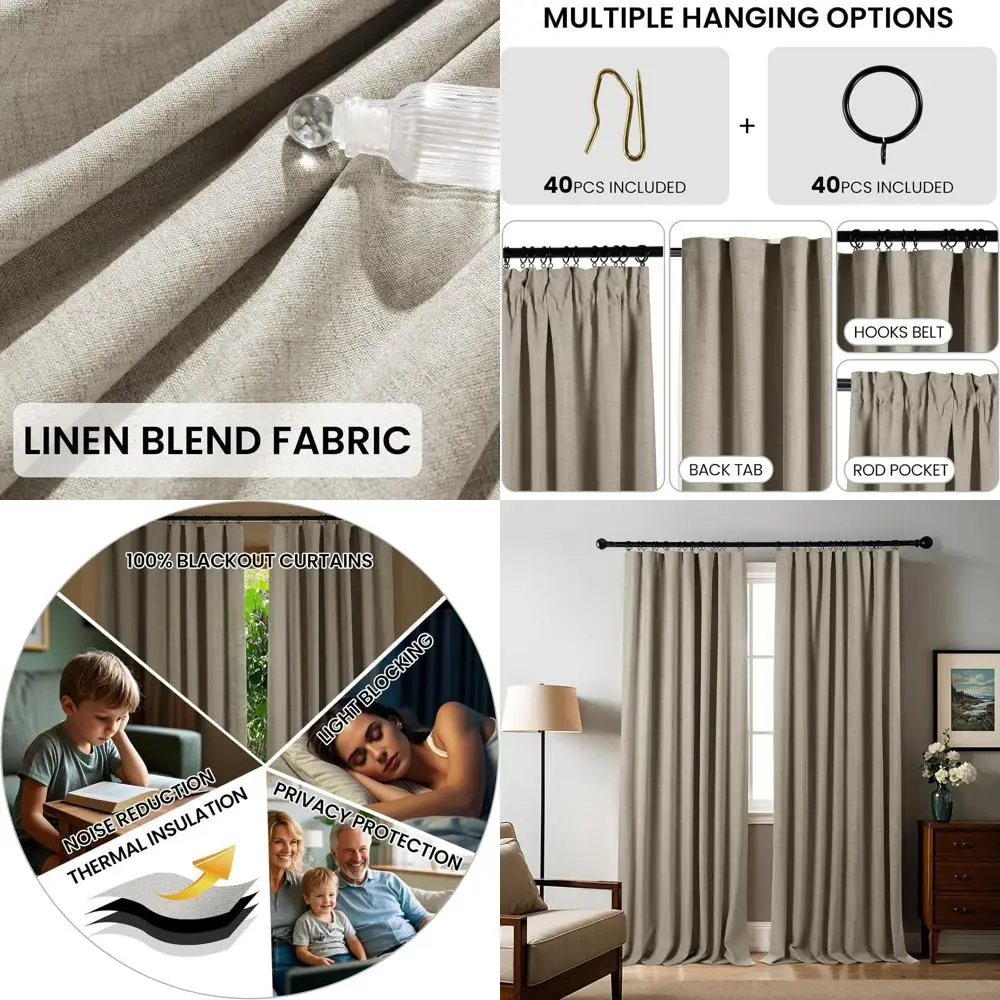 

Linen Blend 84 Blackout Curtains, Grey-Brown, Rod Pocket & Tab Design for Bedroom & Living Room