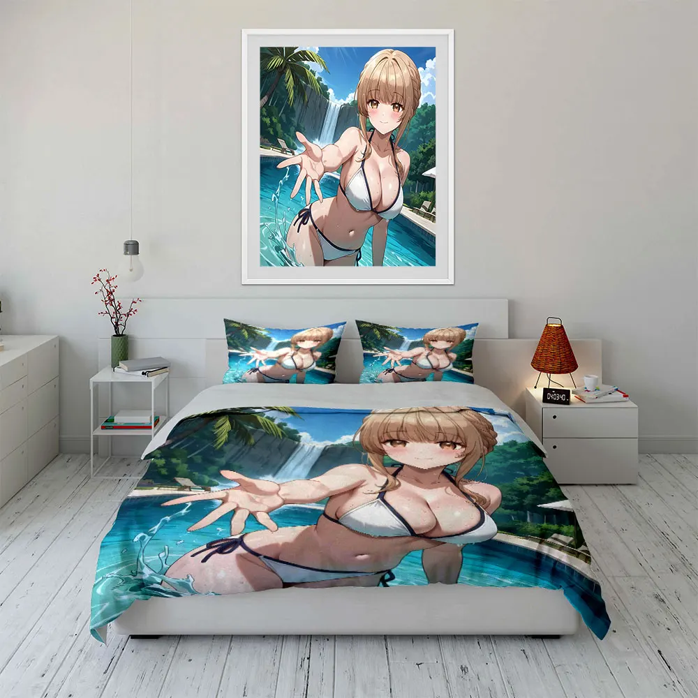 Japanese Anime Girl in white bikini by pool Print Soft Comfortable Duvet Cover Bedding Set Included 1*Duvet Cover  2*Pillowcases