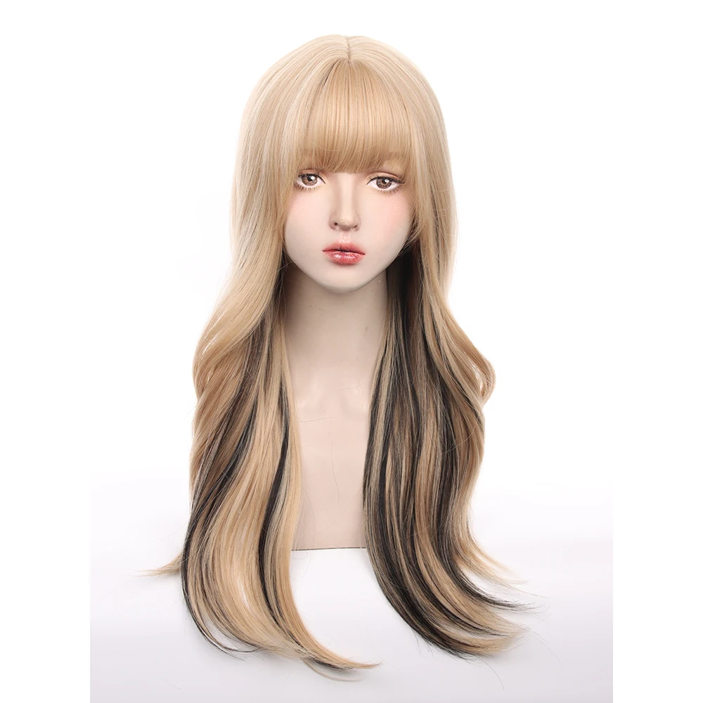Parrucca Lolita da donna con botto lungo ondulato biondo Ombre nero sintetico resistente al calore per uso quotidiano di feste cosplay