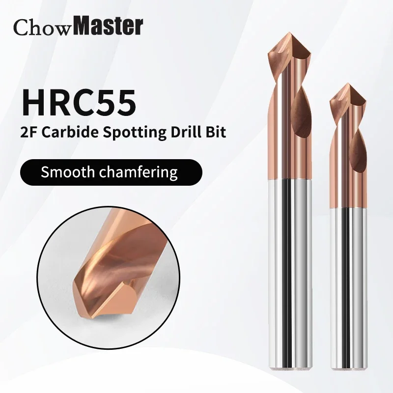 Chowmaster Carbide Spotting Drill Bit HRC55 Coated 2 Flute 90 Degree 50-100mm Start Location Router Bit for Cast Iron Steel