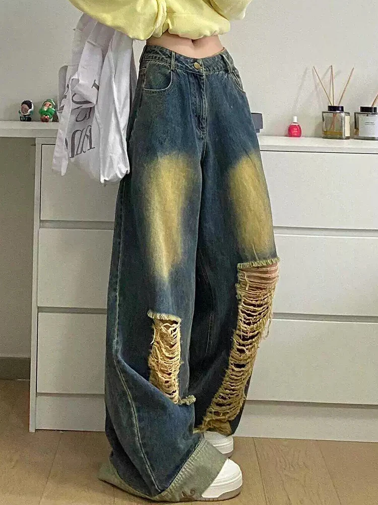 

American Vintage Chic Hollow Out Washed Female Wide Leg Pants Fashion High Waist Loose Casual Contrast Color Simple Women Jeans