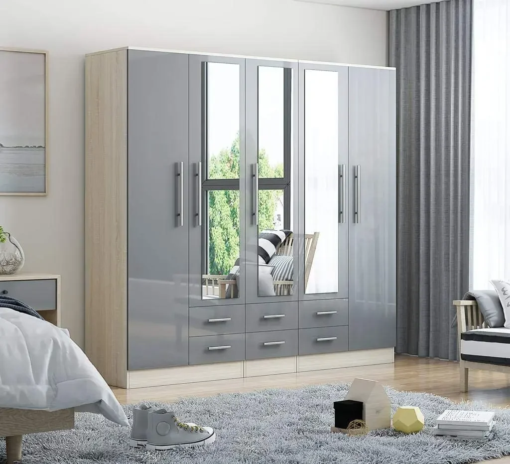 

-for European Style Gloss Grey Large Wardrobe - 5 Door 6 Drawers And Mirrors.