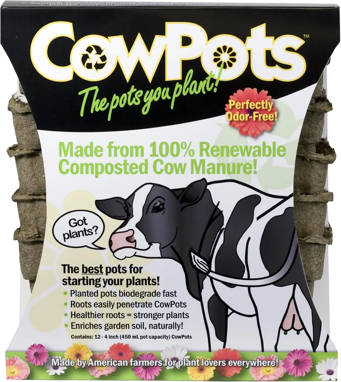 

Biodegradable 4" Seed Starter Pots, 12-Pack, Brown - Eco-Friendly Cow Manure Pots for Healthy Plant Growth