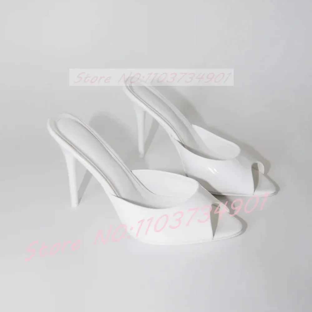 Sweet Pink Patent Leather High Heels Mules Women Fashion Solid Concise Peep Toe Slippers Lady Feminine Elegant Out Side Slippers