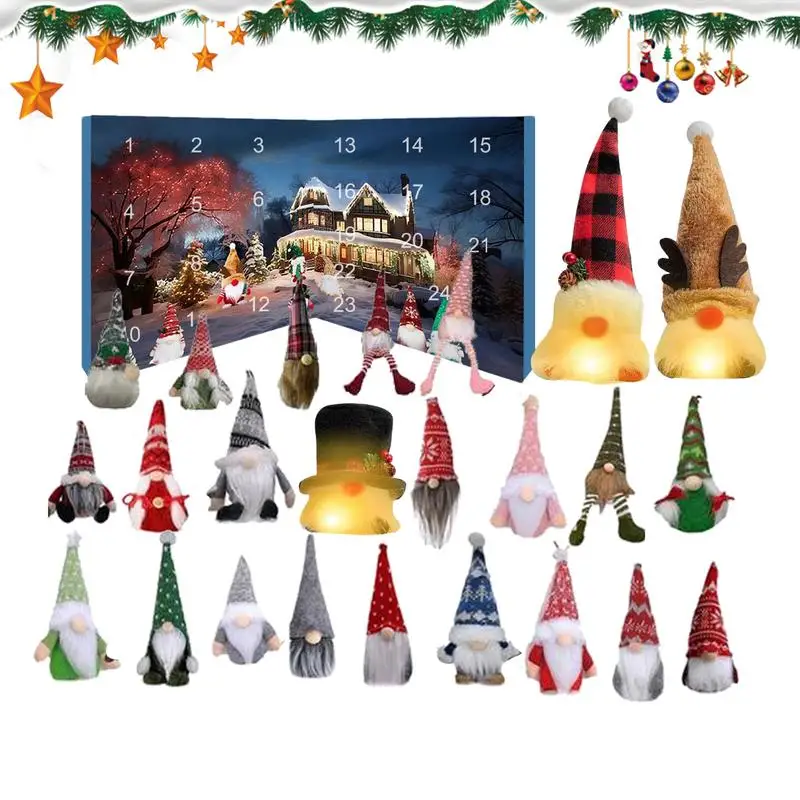 Christmas Gnome Advent Calendar 24 Days Countdown Calendar with Gnome Dolls 3 Glowing Gnomes Plush Toys Christmas Decoration