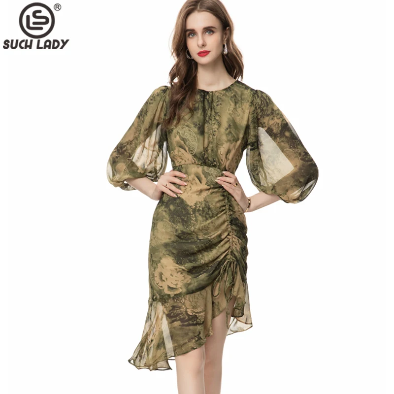 

Women's Runway Dresses O Neck Long Sleeves Printed Asymmetrical Draped Fashion Casual Vestidos