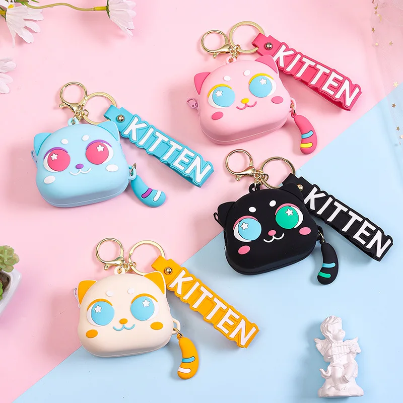 Cute Big Eyes Cat portamonete in Silicone con portachiavi Kawaii Kids Coin Bag cavo dati portatile auricolare Organizer portamonete