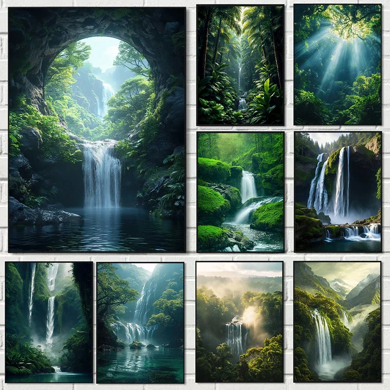 Multiple sizes 1pc frameless Canvas Painting,Natural Landscape Spectacular Waterfall Canvas Painting Green Tree Forest Posters W