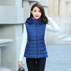 Short Women Parka Winter Vests Hooded 2024 New Short Vest Cotton Padded Jacket Stand Collar Sleeveless Female Autumn Waistcoat