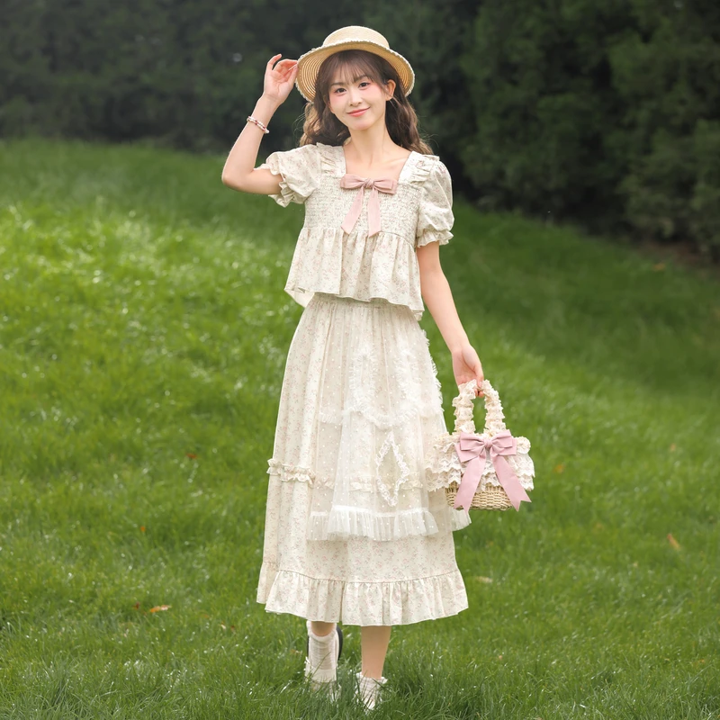 森ガール族オリジナル甘い初恋牧歌的なスタイルの花レーススプライシングスカートプリント A ラインスカート新スタイル女性のための