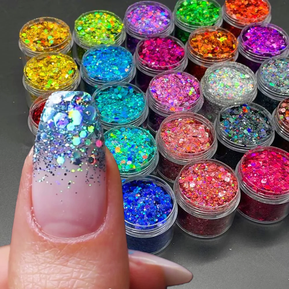 24 Farben holografischer klobiger Glitzer, 24 Farben, insgesamt Laser-Nagelglitzerflocken, klobiger holografischer Laser-Nagelglitzer 2030