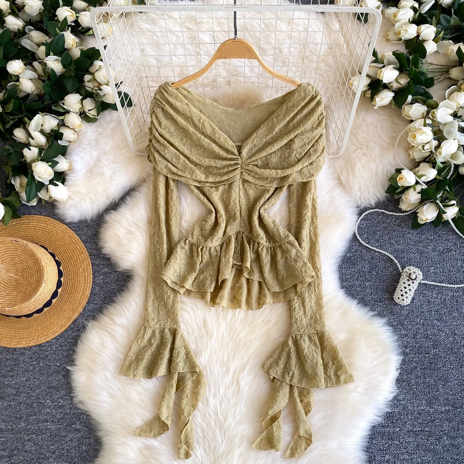 Korean drawstring cinching waist lotus leaf edge long sleeved loose  women's slimming shirt