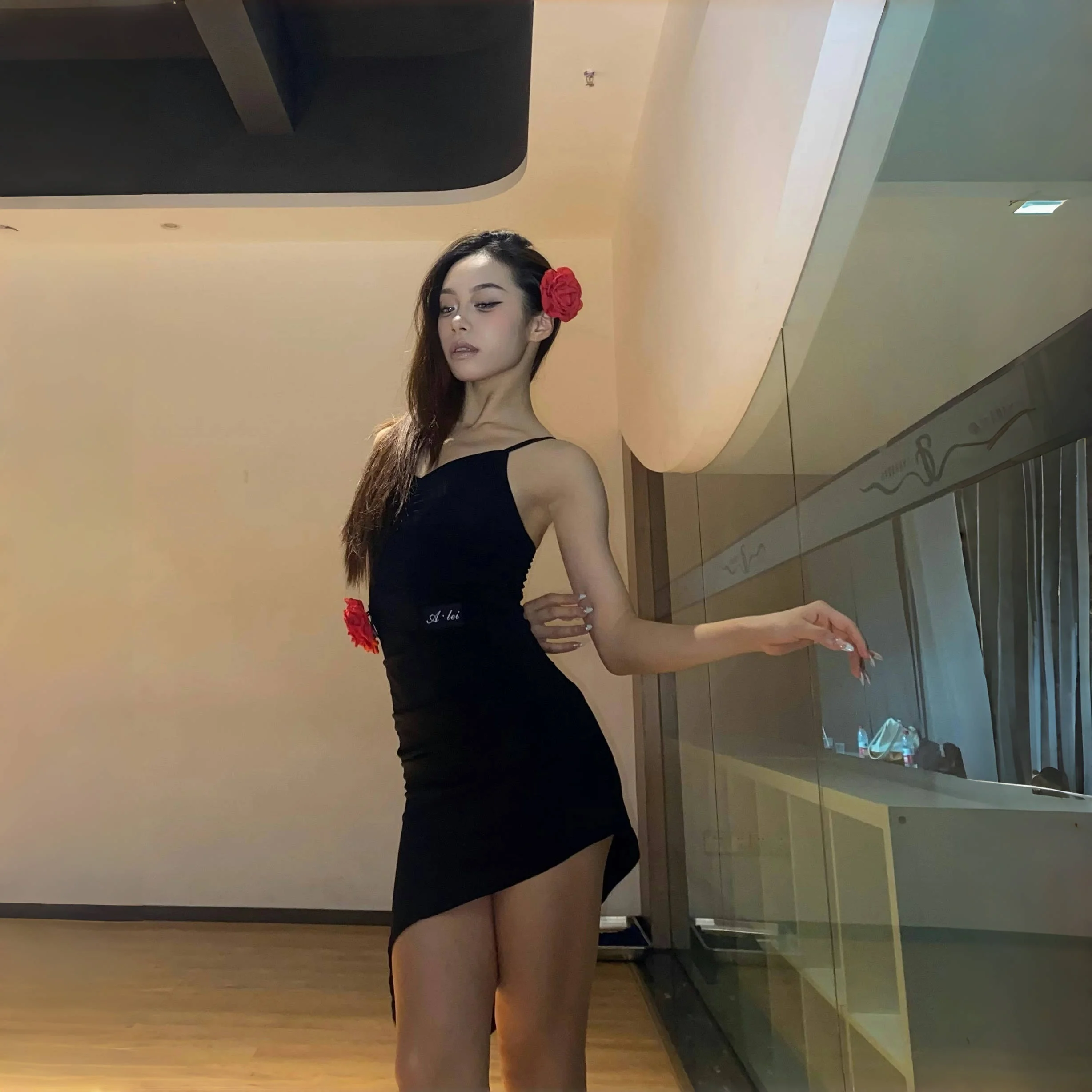 Women Strap V-neck Irregular Flower Dress Latin Dance Dress Performance Costumes Female Chacha Tango Latin Dance Clothes DN21056