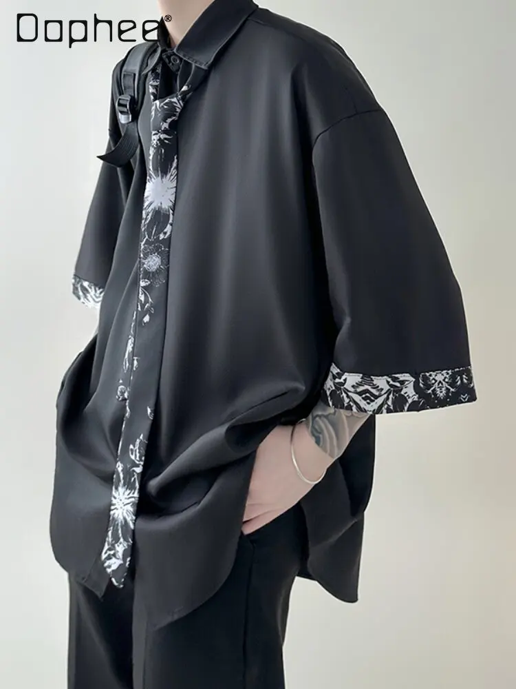 Men's Summer New Loose Casual 2/3 Sleeve Button-Down Shirt with Abstract Print Tie, 4 Colors Available (Green/Black/Gray/Blue)