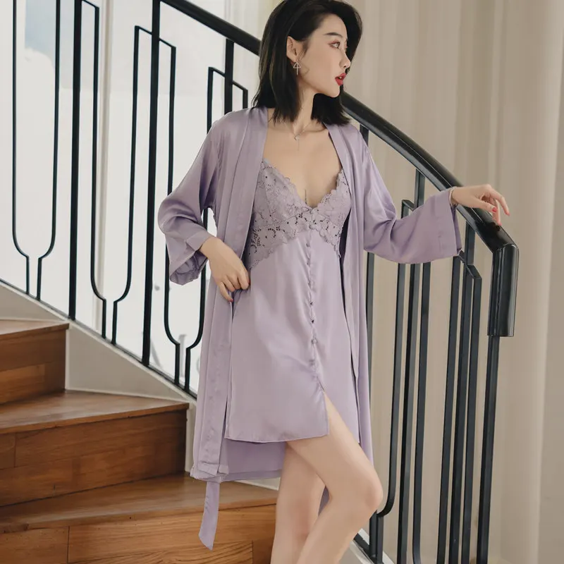 Women Sleepwear Purple Satin Lace Homewear Nighty Robe Gown Set 2Pcs V-Neck Pajamas Nightdress Negligee