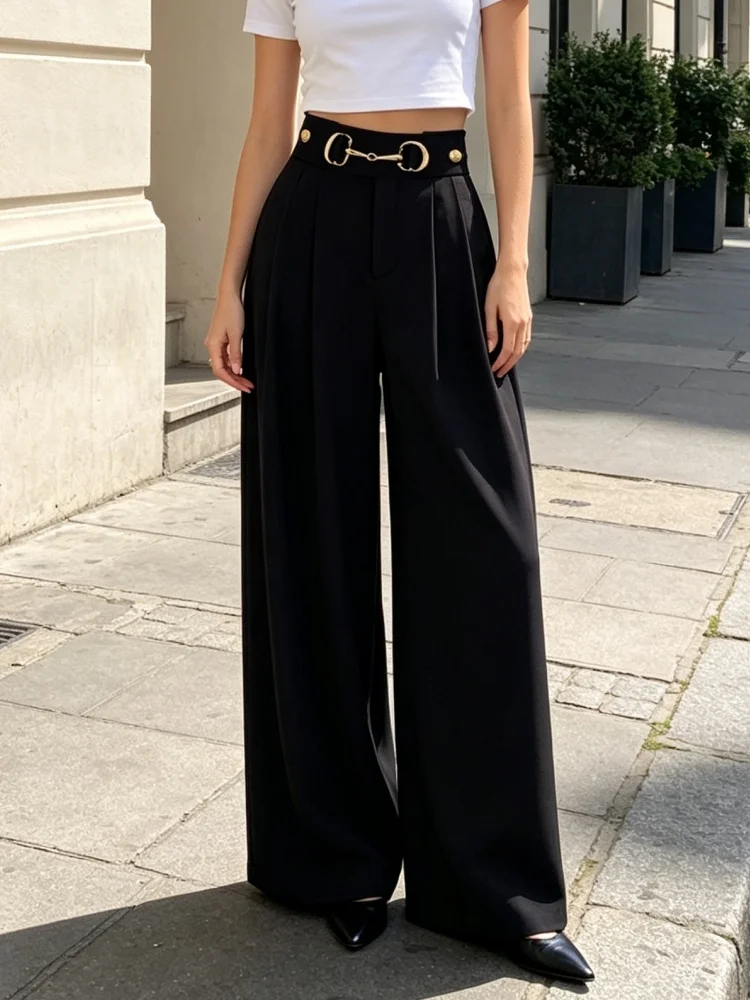 Women Wide Leg Pants High Waist Metal Buckle Pleated Suit Trousers Loose Full Length Pants for Office Commuter Daily Streetwear