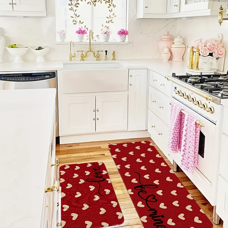 VIKAMA Festive Red Heart-Patterned Rug Soft Flannel Rug Kitchen & Hallway Doormat Home Decor Carpet For Live Room Kitchen Rugs
