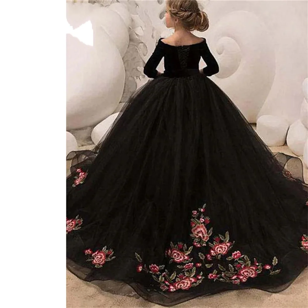 Elegante vestido fofo florista, vestido de baile preto princesa, vestido de meia manga, aniversário, primeira comunhão, baile de formatura, criança