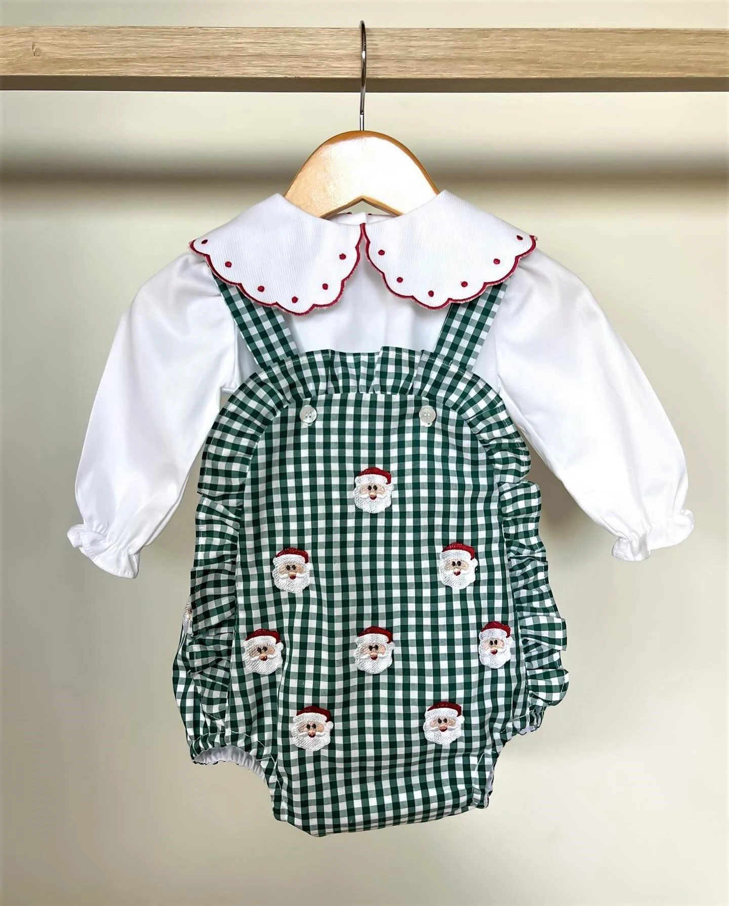 0-6Y Baby Boy Autumn Santa Claus Embroidery Green Plaid White Romper Suit for Party Birthday Holiday Photography Christmas